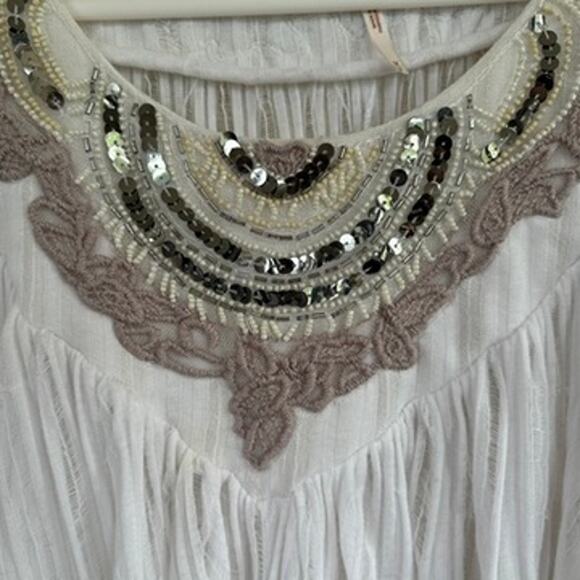 Free People Star Gazer White Gauze Top Beaded Sequin Boho Kimono Sleeve XS Small - Picture 2 of 11